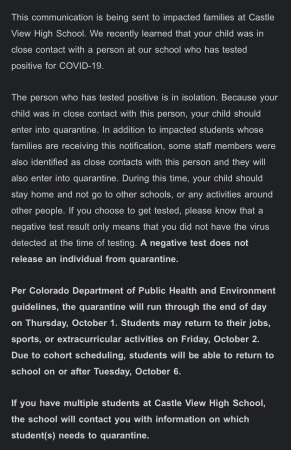 A Screen shot taken from the email Bojorquez was sent last Monday. The email describes, ..a negative test does not release an individual from quarantine.